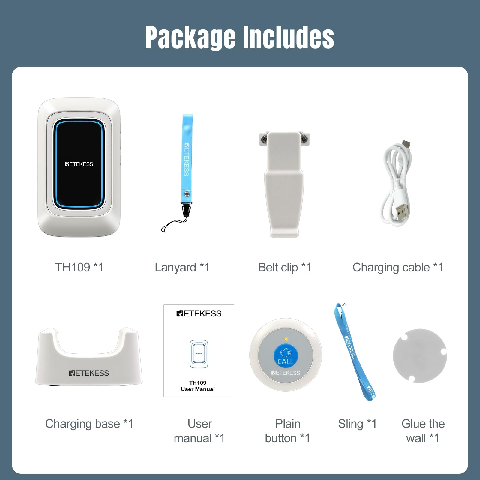Retekess TH109 Pulsante Di Chiamata Wireless, Pulsante di Chiamata Per Anziani, Distanza di Comunicazione di 850 Piedi, Allarme Multimodale, Assistenza Domiciliare (1 Pulsante e 1 Ricevitor)