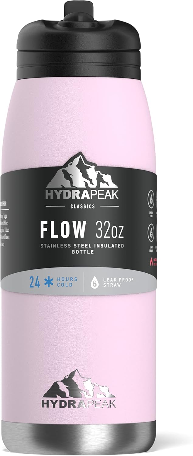 Hydrapeak Flow 32oz Insulated Water Bottle with Straw Lid | Double Wall Vacuum Insulated Stainless Steel Water Bottles, BPA-Free and Leak-Proof, Wide Mouth Flask with Straw and Handle (Blush)