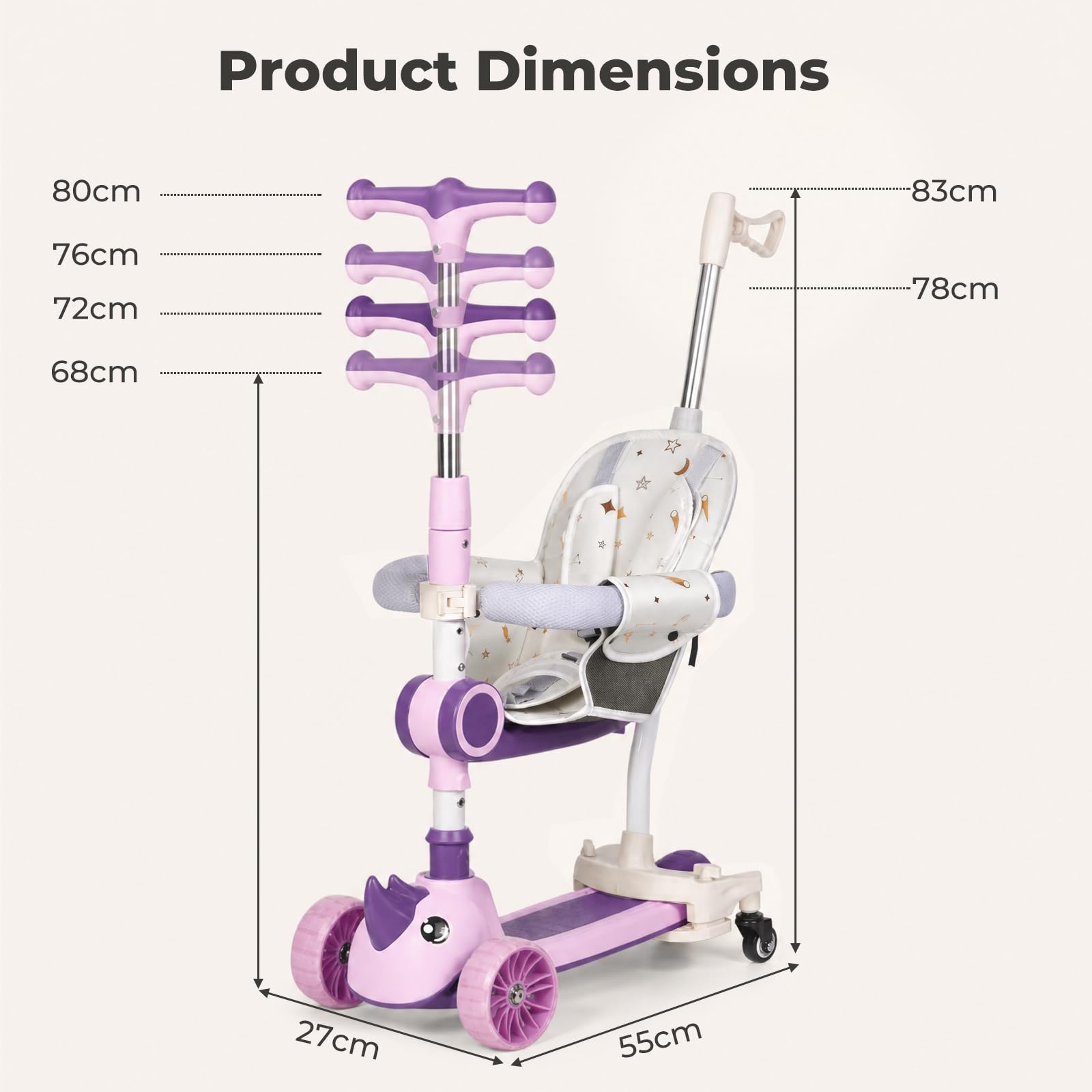Patinete infantil 3 en 1, patinete infantil con barra deslizante, con asiento extraíble y ruedas LED, altura regulable en 3 niveles, para niños de 1 a 8 años, hasta 50 kg
