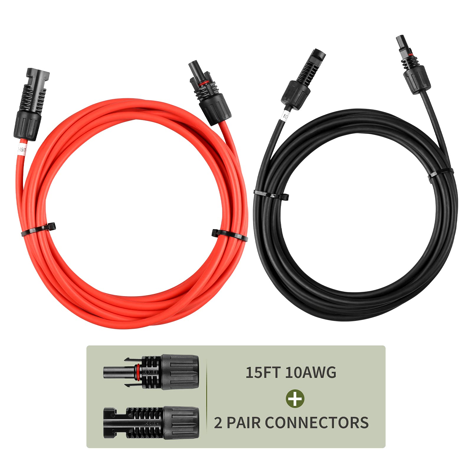 HQST Solar Panel Extension Cable 15 Feet 10AWG with Female and Male Connector Solar Panel Adaptor Kit Tool (15FT Red + 15FT Black)