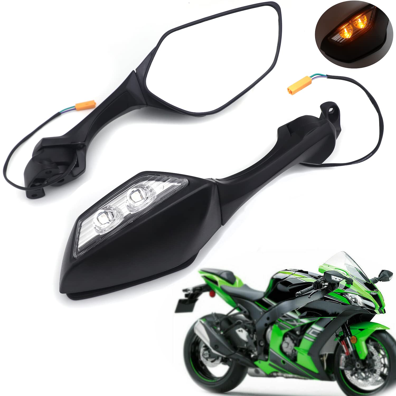HTTMT- Black Rear View Mirrors w/Turn Signals Compatible with Kawasaki Ninja ZX10R 2011-2015 / H2 20