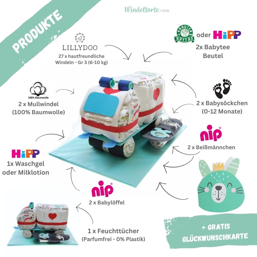 Rettungswagen mit Babysocken [Mitgliedergeschenk & Berufsrettung]- Geschenk zur Geburt - Babyparty - Baby - Babyshower - Pullerparty
