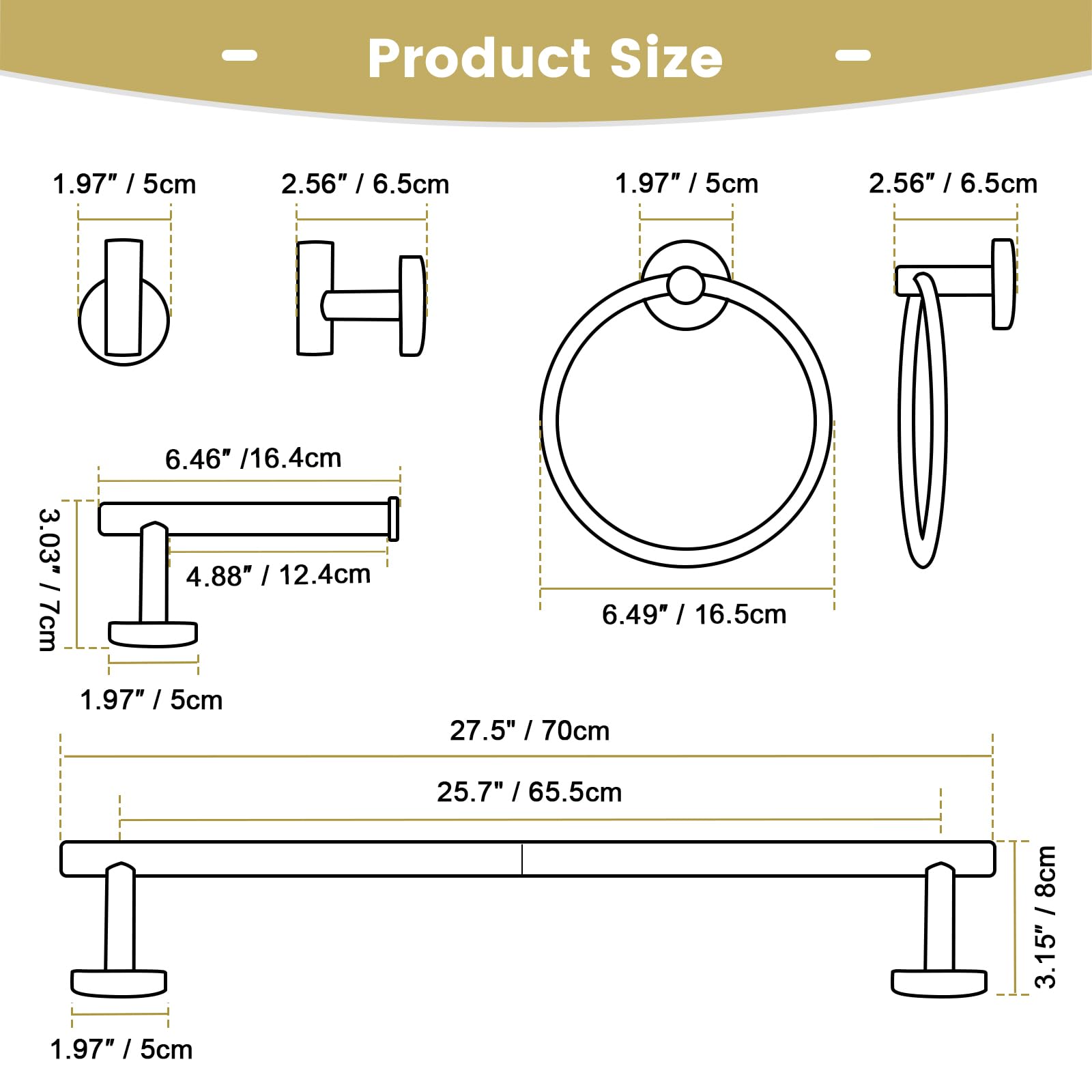 YACVCL Juego de 10 piezas de accesorios de baño dorados, soporte para toallas de baño de 27.5 pulgadas, acero inoxidable SUS304, toallero para montaje en pared, barras de toalla para baño, barra de