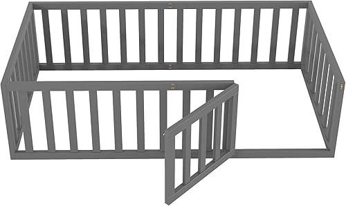 Miniatura 7 de Merax Marco de cama de piso de madera de tamaño individual con valla y puerta (gris)
