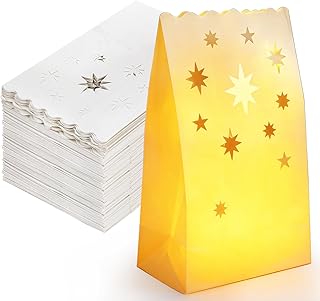 Frcctre 60 Pcs Luminary Bags, Fire-Retardant White Paper Luminary Candle Bags with Star Pattern for Christmas Weddings Birthday Valentine's Day Halloween Party Decoration