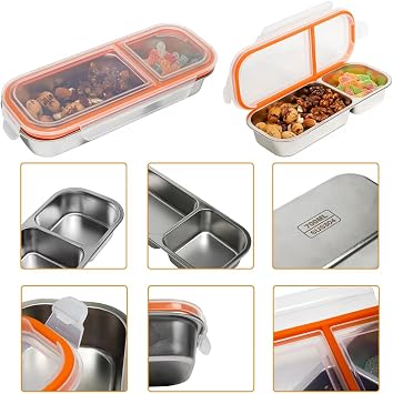 REDANT Reusable Snack Containers with Lids, Stainless Steel 2 / Double Compartment Snack Box Container, Divided Food Storage Bowls with Lids for Travel, Condiments & Meal Prep (Yellow, 1-Pack)