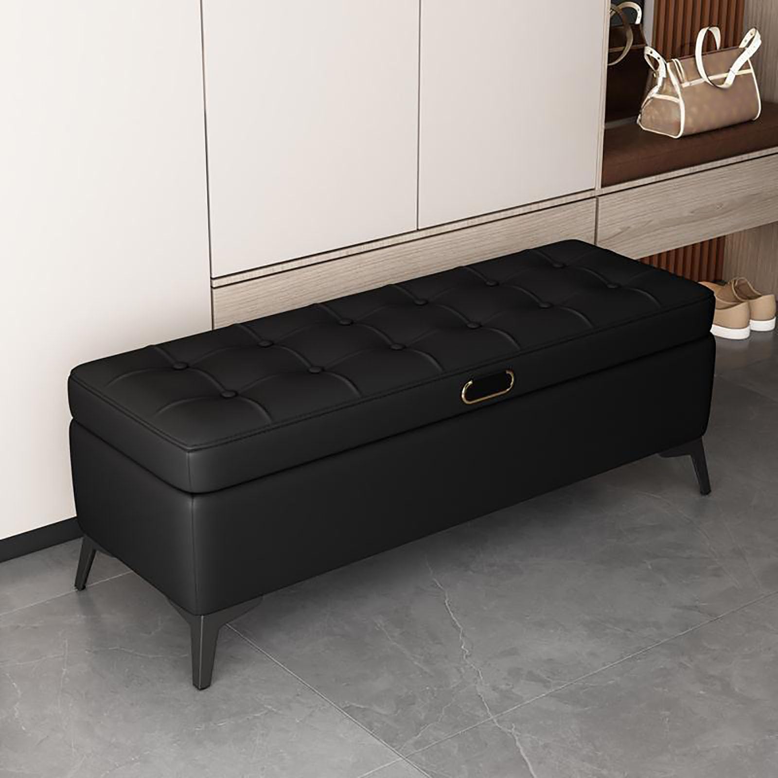 MSHGSKU Modern Upholstered Storage Bench for End of Bed Shoe Organizer with Wood Frame Synthetic Leather Ottoman Foot Rest for Bedroom Living Room Hallway (110x40x40CM Black)