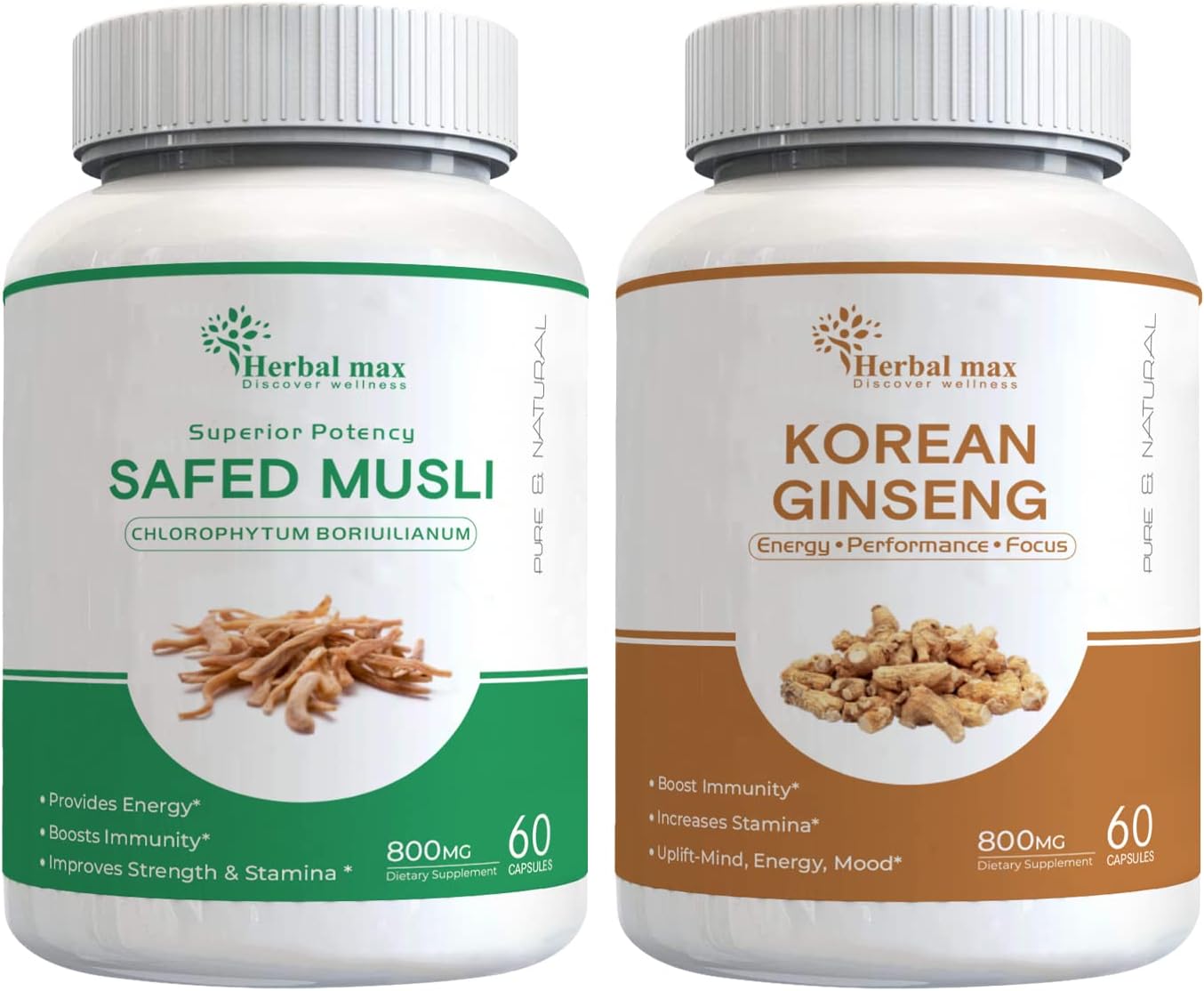 Herbal max Safed Musli Extract 800 mg 60 Capsule with Korean Ginseng Capsule combo