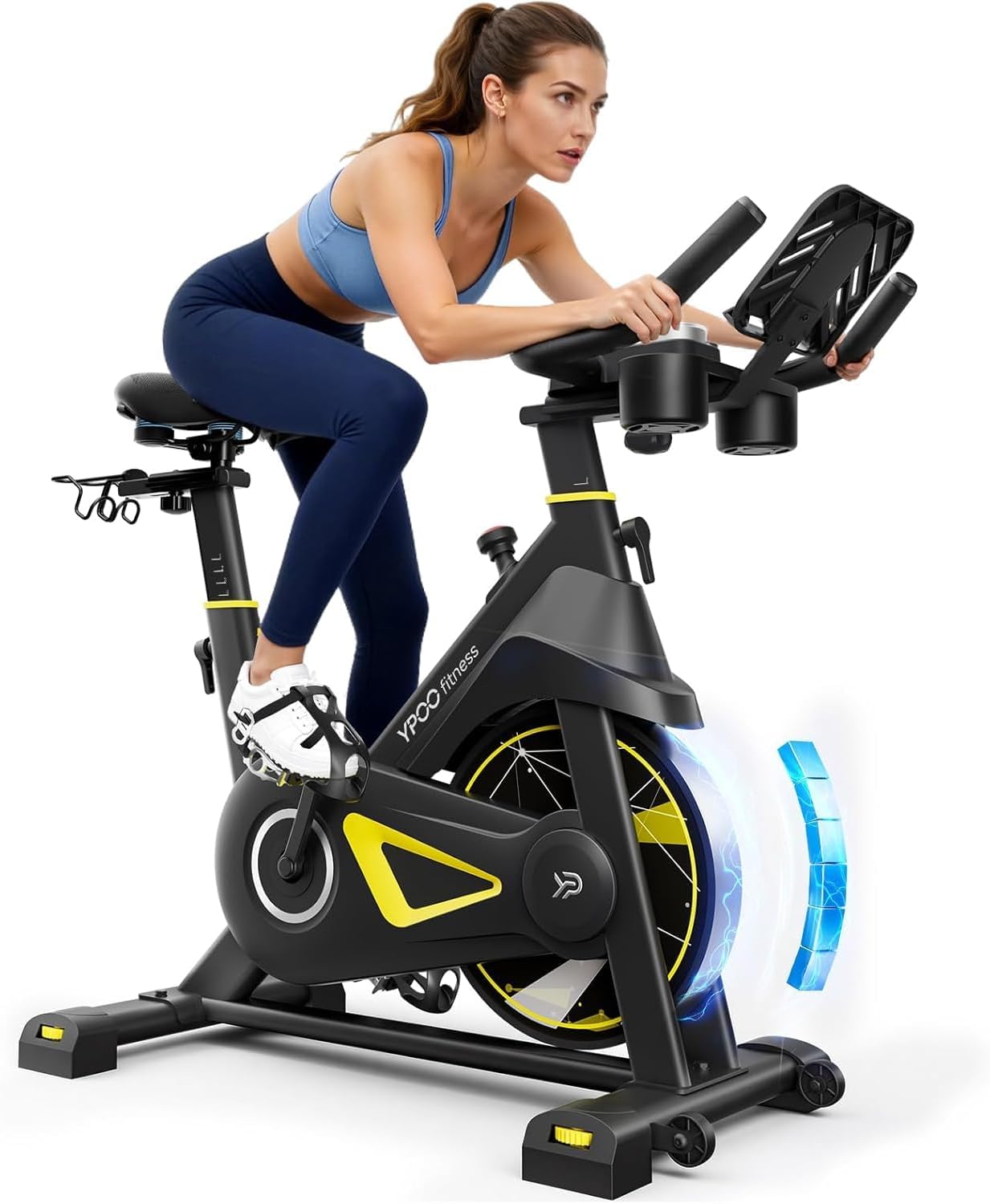 YPOO Bicicleta de fitness con asiento cómodo, bicicleta de ejercicio en casa con asiento cómodo y transpirable, soporte para tablet y aplicación exclusiva, hasta 160 kg