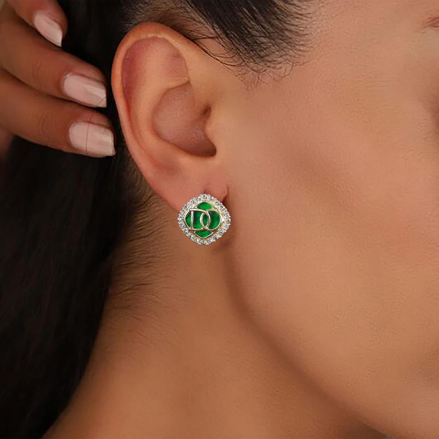 Boho Emerald Earrings Square Halo Crystal Earrings Green Gemstone Stud Earrings Vintage Rhinestone Earrings Jewelry for Women - Image 5