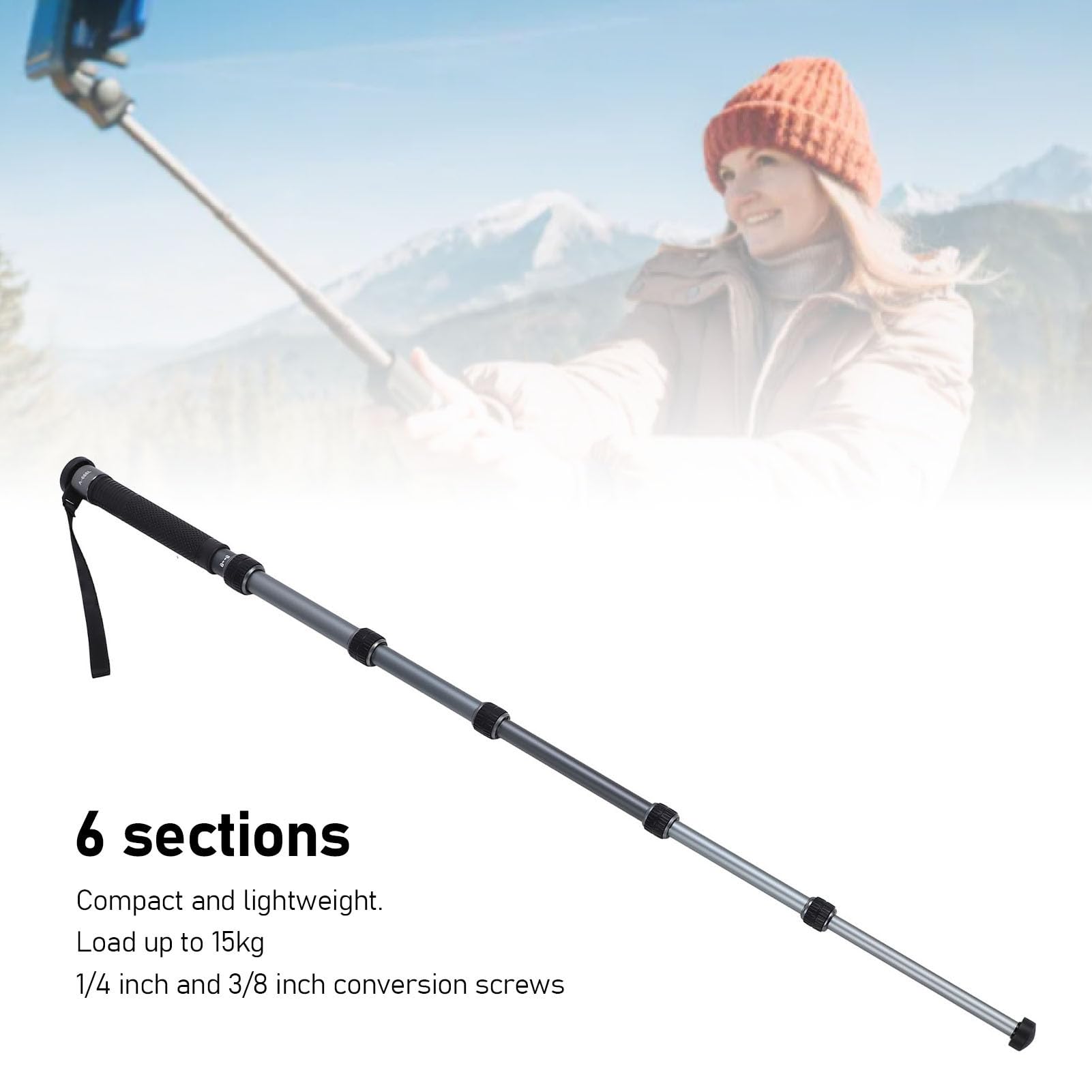 Monópodo de Cámara Extensible, Monopido de Viaje Portátil de Aluminio con Mango de Bastón y Bolsa de Transporte, Base de Soporte para Videocomplía DSLR, 6 Secciones hasta 68.5in