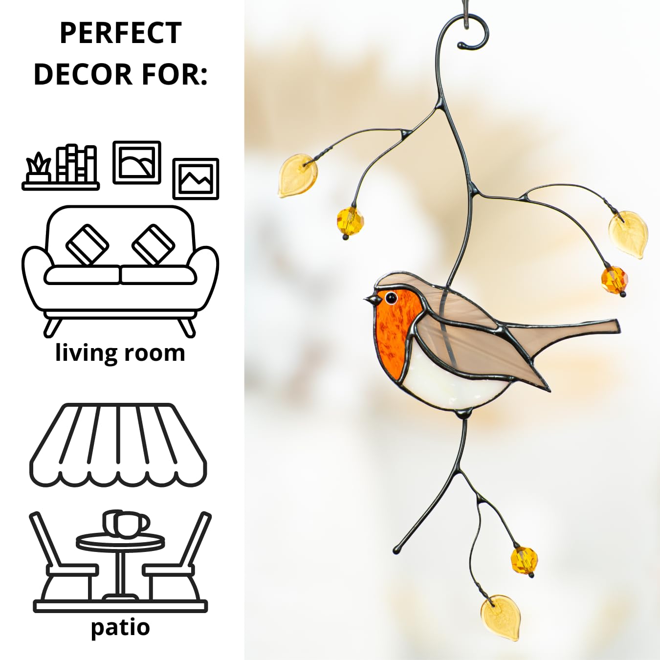 Attrape-soleil En Vitrail Rouge-gorge, Art Naturel Fleur Oiseau Du