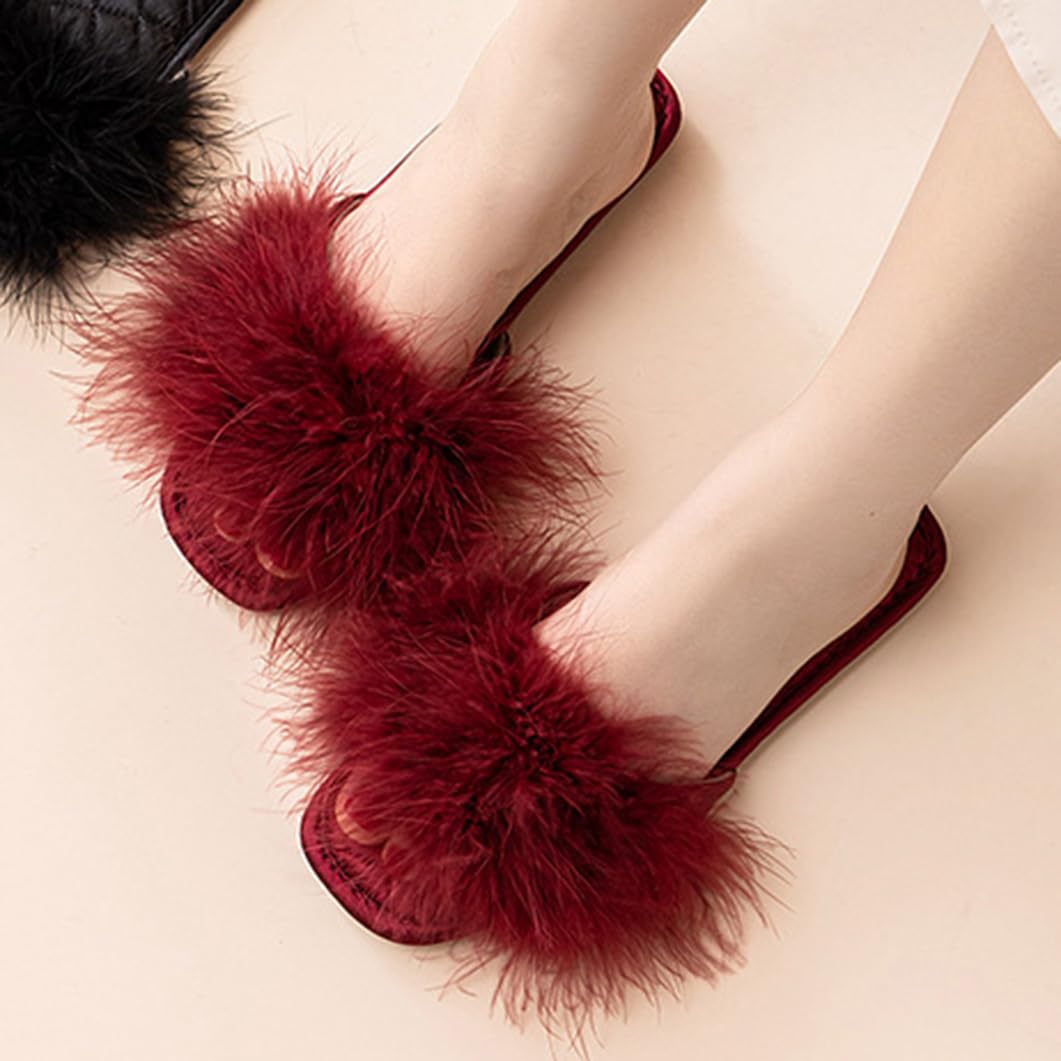 Donna Piuma Soffice Peluche Pantofole in Raso Interno Esterno Punta Aperta Sandali in Morbido Cotone Antiscivolo Scarpe da Casa per Camera(38/39 EU, Red-Women)