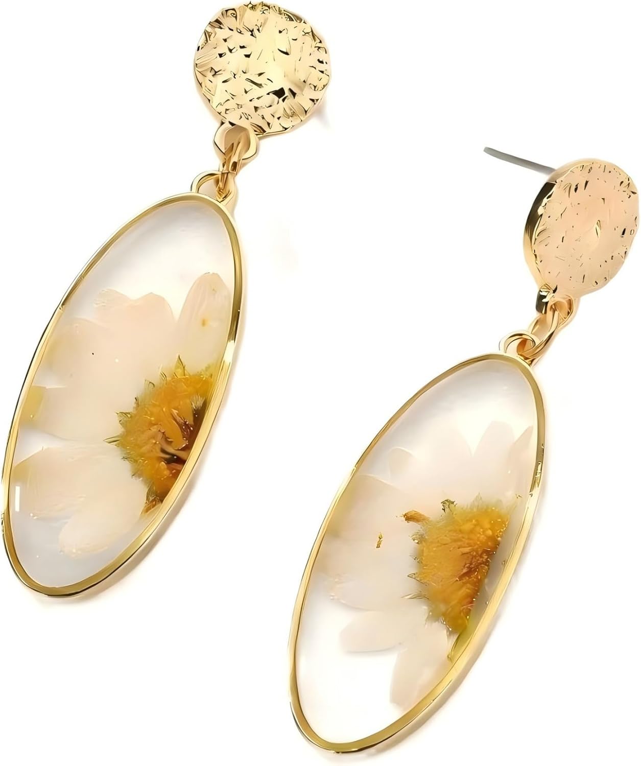 Real Pressed Flower Dangle Earrings for Women, Handmade Boho Chic Floral Jewelry, Gold Tone Earrings Unique Pretty Valentine’s & Mother’s Day Gift for Women Girls Best Friend