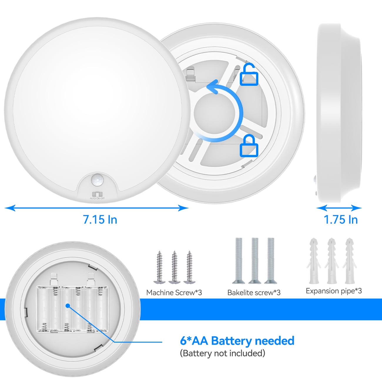 Peasur Plafonnier LED Detecteur de Mouvement a Pile,Luminaire Plafonnier Sans Fil ø18cm 300LM Lustre Chambre 3000K Blanc Froid Éclairage de Plafond Salle de Bain LED pour Garage Cuisine Balcon