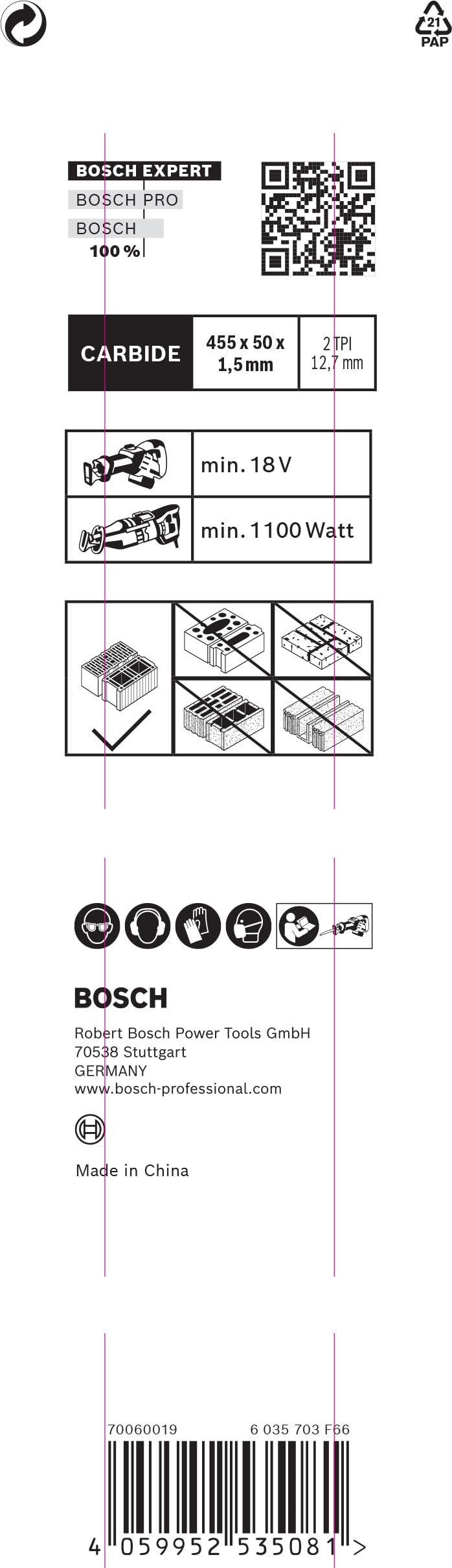 Bosch Professional 1x Hoja de sierra sable Expert `Hollow Brick` S 2243 HM (para Bloque de construcción de poroton, Longitud 455 mm, accesorios Sierra sable)