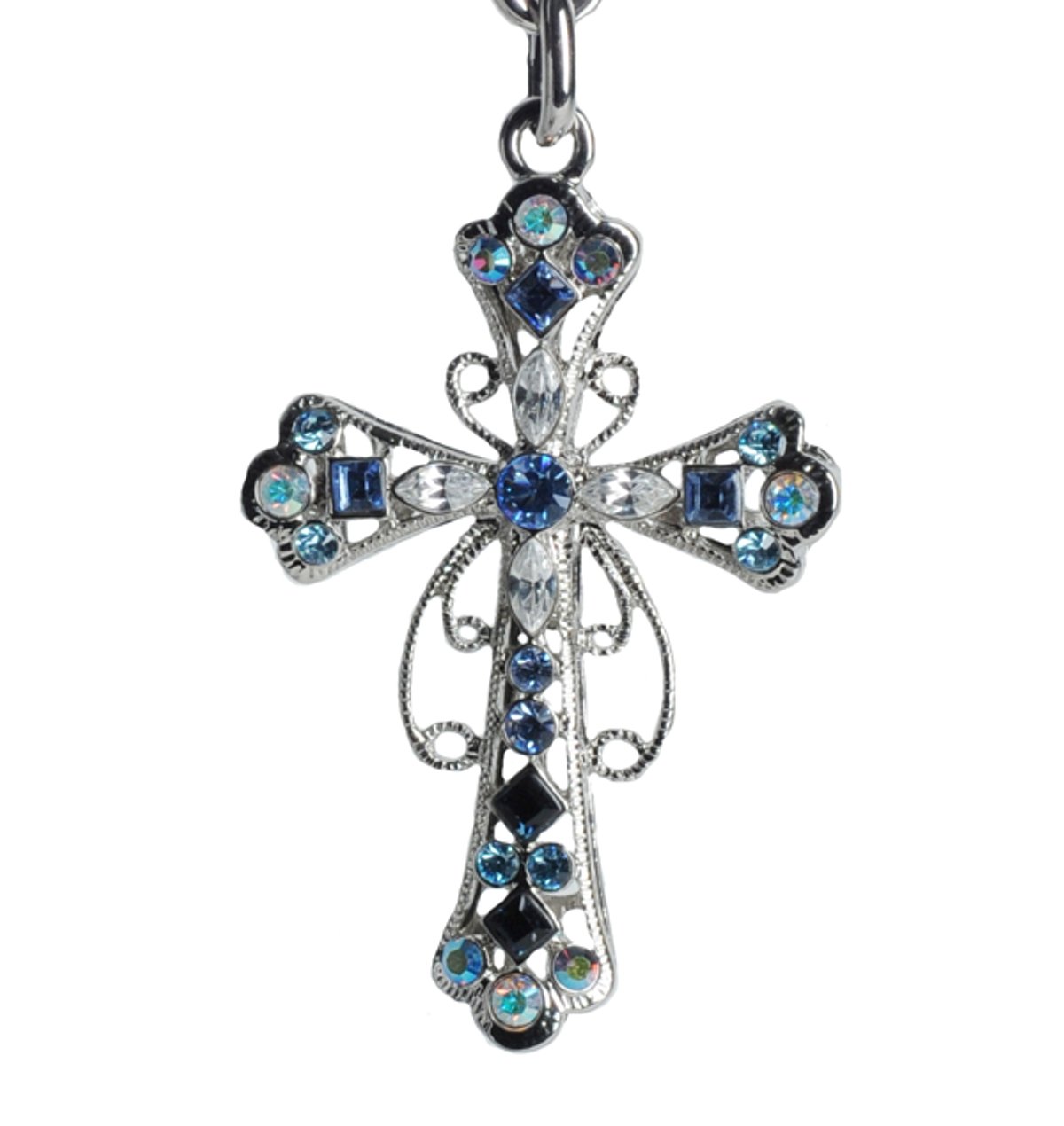 Blue and Clear Rhinestone Holy Cross Bling Key Chain with Bling Crystals