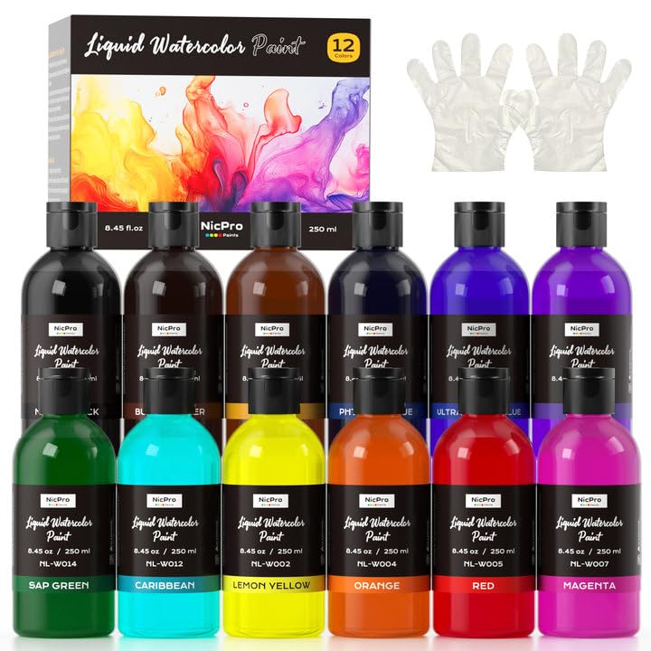 Nicpro 12 Colors Liquid Watercolor Paint Set 8.45oz Large Bulk Liquid Watercolor Paint Non-Toxic Water Colors Painting Supplies for Art Activity Craft DIY Poster School Home Classroom Party