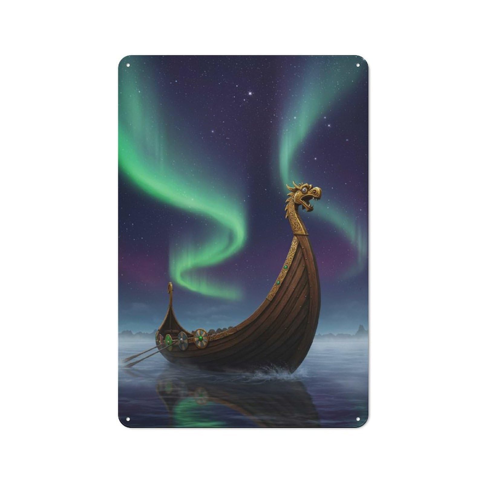 Retro Metal Sign with Viking Ship Under Aurora Borealis Design 30x20cm, Nostalgic Vintage Wall Decor for Kitchen, Hallway, Bar Or Small Cafe