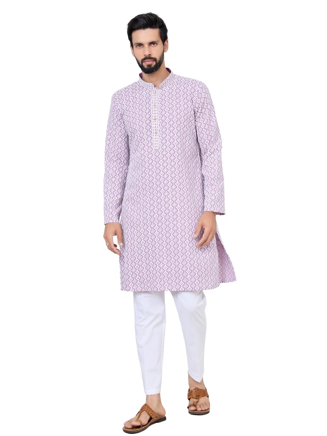 see designs Men's Full Sleeve Mandarin Collar Embroidered Thread Work Sequinned Rayon Straight Long Kurta with Pyjama - Festive Collection | Dussehra & Diwali collection-picture-39