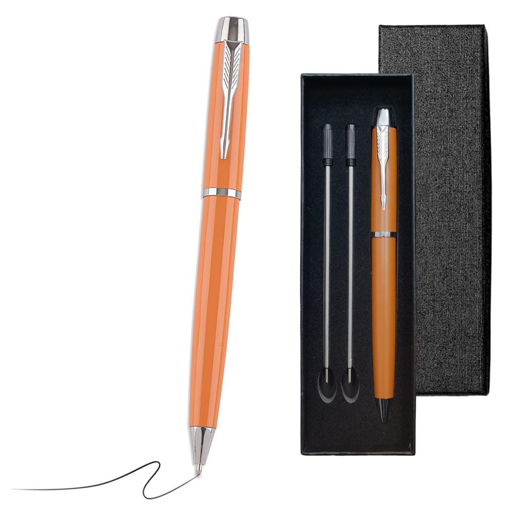 Belegao Ballpoint Pen with 2 Refills and Box - Lightweight Metal Nice Pens Set Retractable Black Ink Leakproof Smooth Writing Gifts for Women Men Teachers Birthday Thanksgiving, Home Office(Orange) — image 1