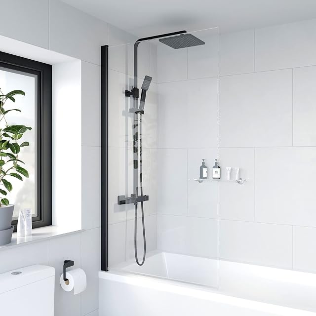Luxura Over Bath Shower Screen Door 780mm Frameless Black Profile Square 6mm Safety Clear Glass Panel Bathroom Bath Screens
