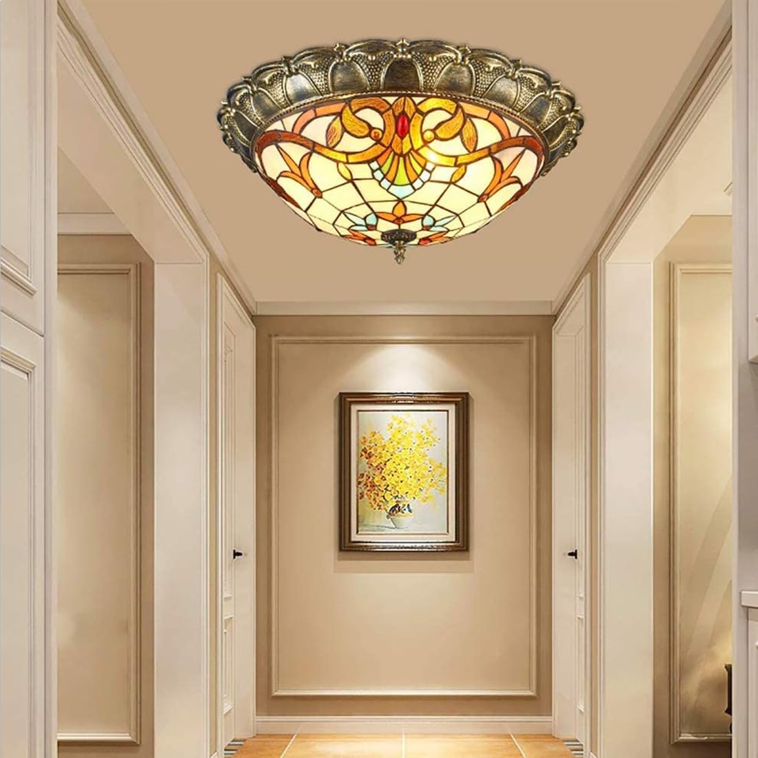 Plafones LED Tiffany antiguo techo Salón pastoral barroco lámpara de techo vendimia dormitorio regulable Mediterráneo Luz Vidriera Sombra Decorativa Oficina Comedor Cocina sala de estar Lámpara, Ø52cm