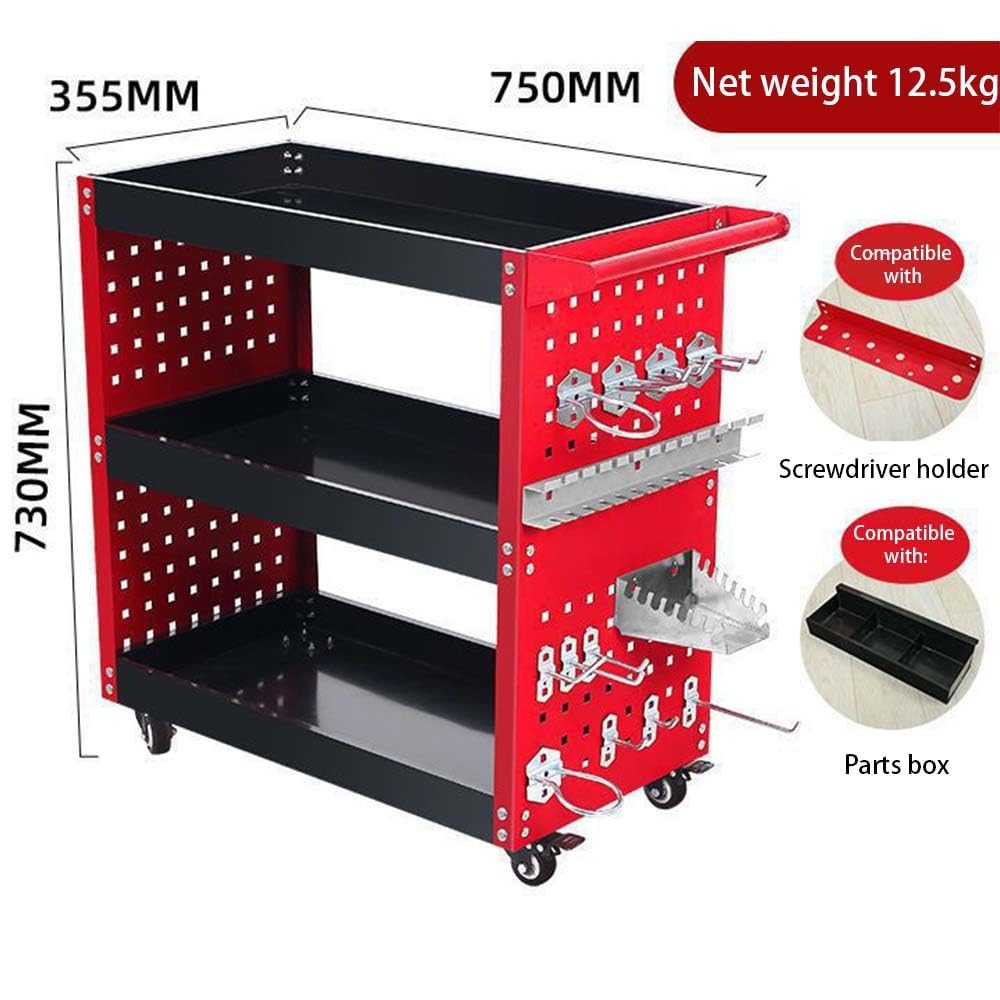 Carro de Herramientas 3 Niveles con Ruedas mecánico Metal Cerradura cajón Caja Piezas Ganchos y manija Servicio utilitario rodante para Taller Garaje Cocina Carga 200 kg