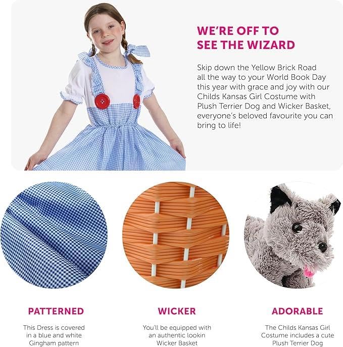 Girls Dorothy Style Costume with Dog in Basket, Blue Gingham Dress Outfit with Matching Hair Ties and Plush Grey Dog - Image 2