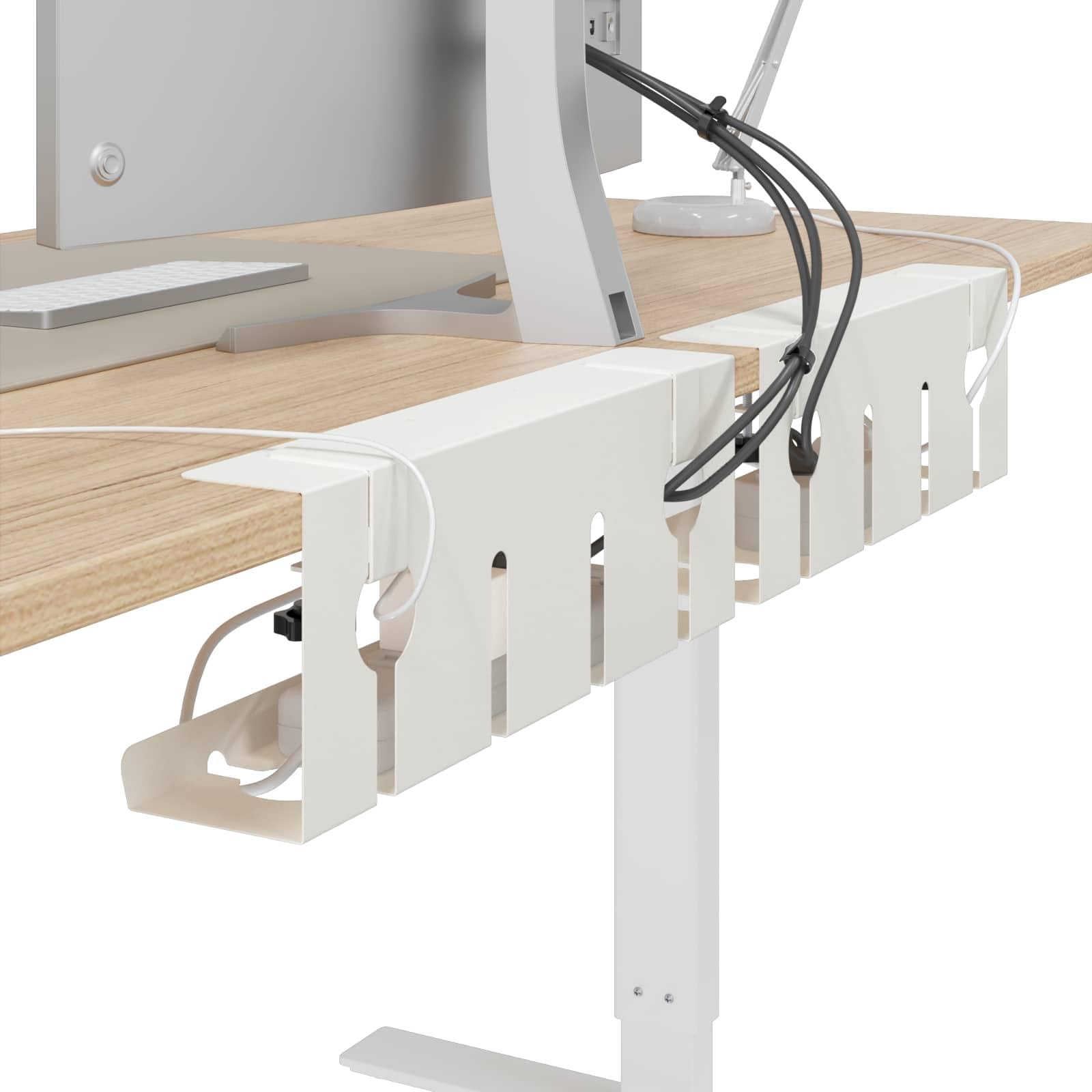 vidaXL Bandeja de gestión de cables debajo de la mesa 2 piezas Blanco, Bandeja de cables moderna, instalación sin taladro, soporte de abrazadera, organizador de cables de tornillo