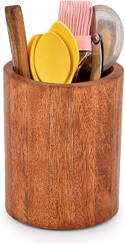 EDHAS Natural Mango Wood Cooking Utensil Holder for Countertop, Spoons, Cooking Tools, etc. 5" x 5" x 6"