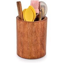 EDHAS Natural Mango Wood Cooking Utensil Holder for Countertop, Spoons, Cooking Tools, etc. 5" x 5" x 6"