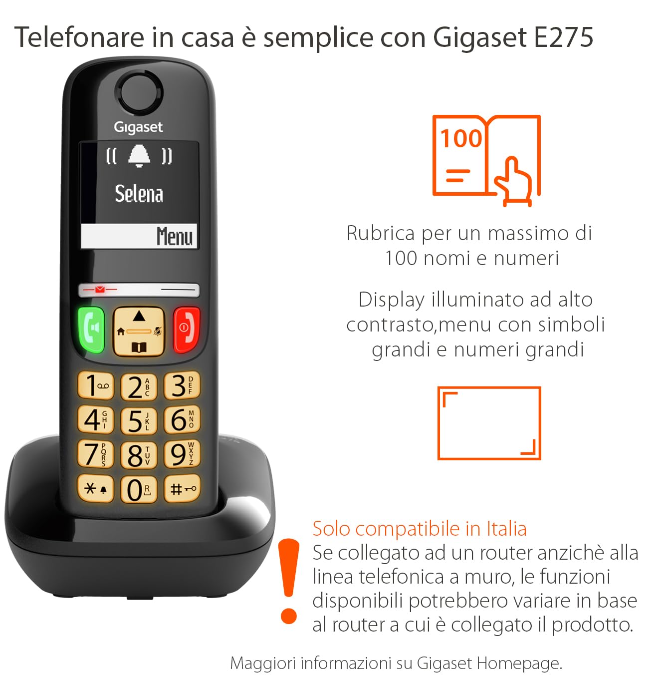 Gigaset E275 - Telefono DECT Portatile - Cordless - Tasti Grandi - Suonerie Forti - Compatibile con Apparecchi Acustici, Nero [Versione Italiana]