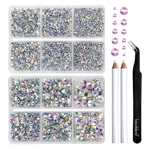 BEADSLAND pedreria hotfix, 6080PCS piedras AB strass termoadhesivas diamantes cristales para manualidades,Kit mixto de 6 tamaños con lápiz de cera y pinzas，SS6-SS30,Blanco Cristal AB Rhinestones