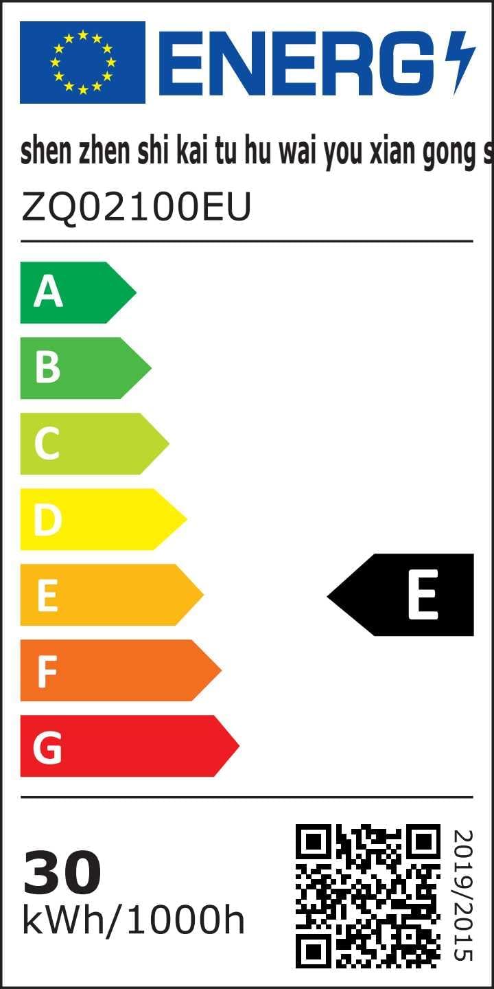 EU Energy Label for ZQ02100EU showing Energy Class E and 30 kWh/1000h consumption
