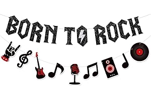 Neon Rock and Roll Party Supplies, Glitter Banner with Music Note Garland