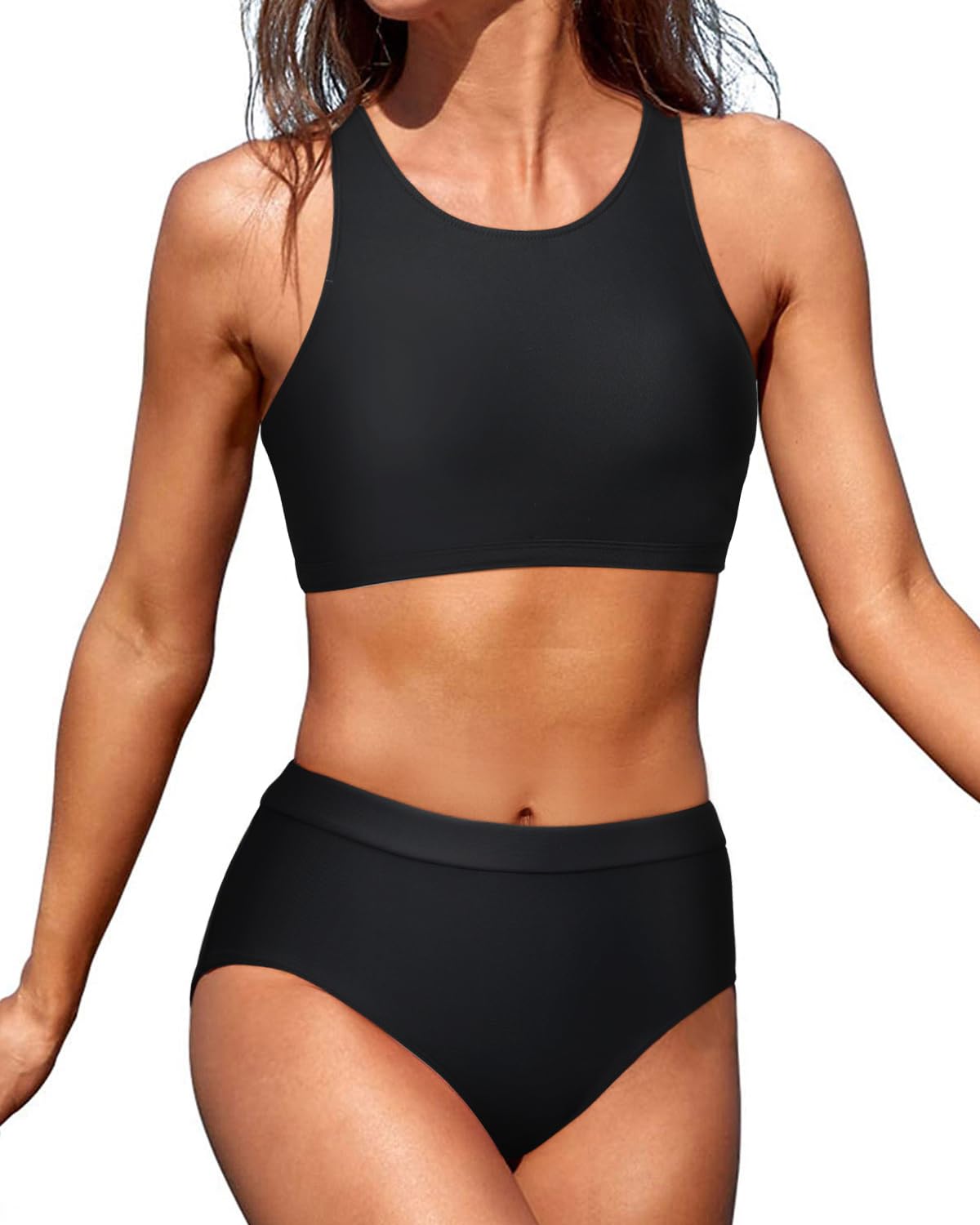 Tempt MeWomen High Waisted Bikini Two Piece Swimsuits High Neck Crop Top Racerback Sporty Bathing Suits for Teen Girls