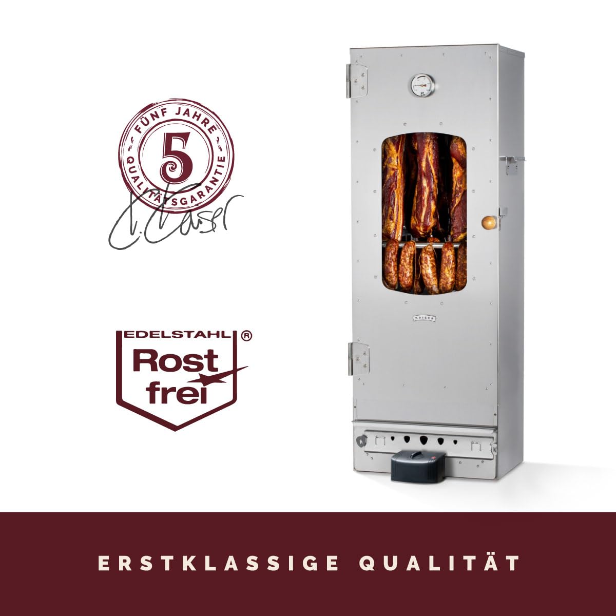 KAISER COMPANY '100' Hochwertiger Elektrischer Räucherofen/Räucherschrank aus Edelstahl I Tragbarer Smoker 110 cm I Passen bis zu 15kg Fleisch I 2000W I mit Zubehör I NICHTROSTEND
