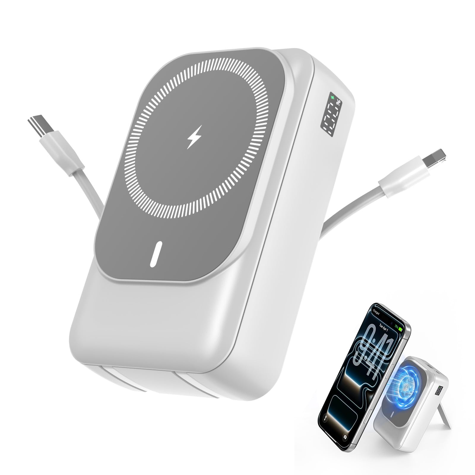 Cargador portátil inalámbrico de 26800 mAh, con cables integrados, 5 salidas, 3 entradas, 3 A, batería de viaje con soporte, compatible con iPhone 16/15/14/13/12 Serie