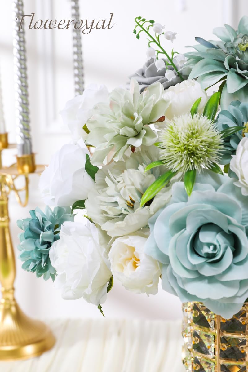 Floweroyal Artificial Flowers Combo Teal Blue Flowers Mix Silk Flowers Dahlia Roses with Stems for DIY Wedding Bridal Bouquets, Baby Shower, Floral Arrangement, Table Centerpieces, Home Decorations. - Image 2