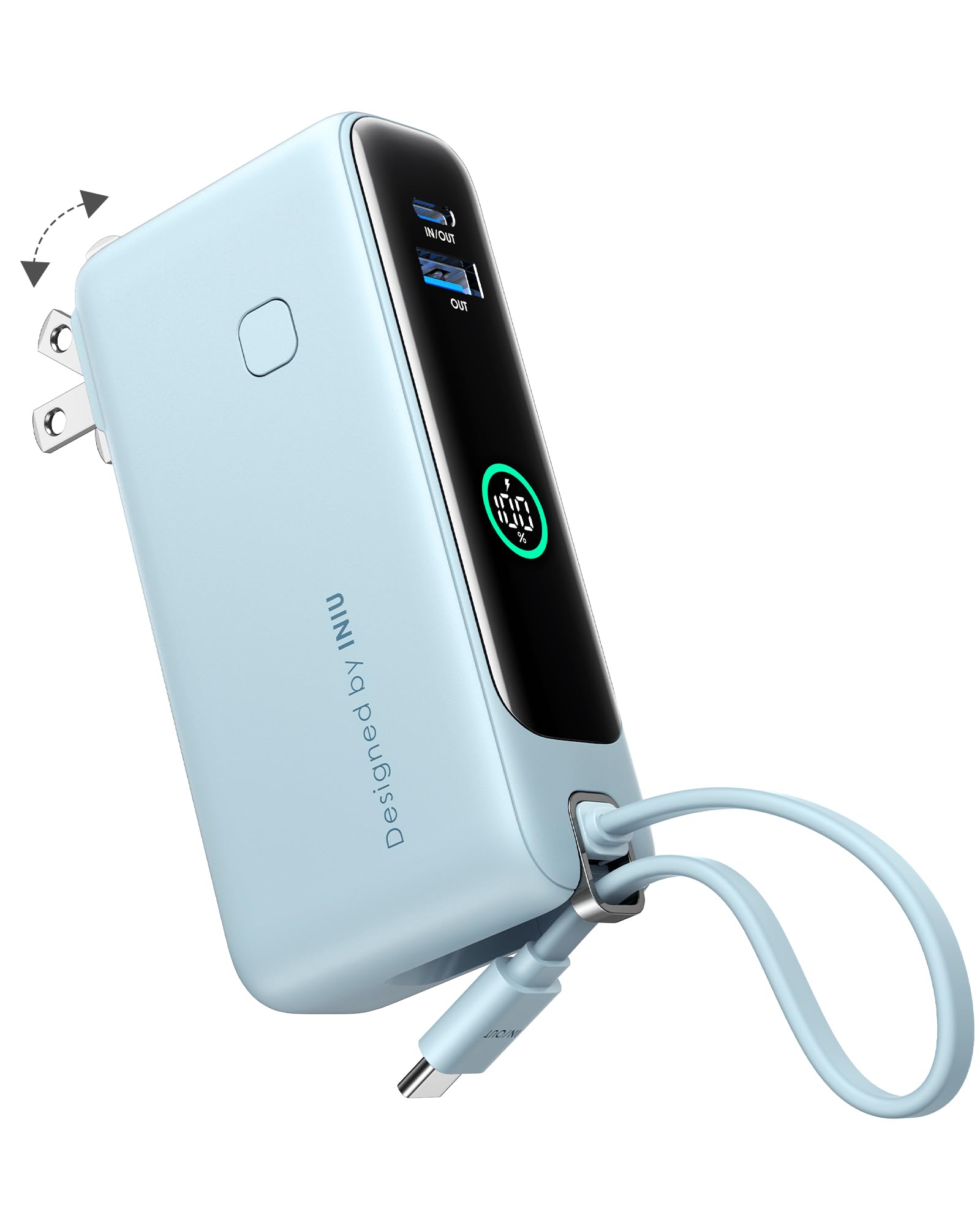 INIU 3-in-1 Portable Charger, Small 10000mah 30W Fast Charging Power Bank with Built-in USB C Cable and Foldable AC Plug, Flight Cruise Ship Travel Phone Charger for College Students Boys Girls, Blue