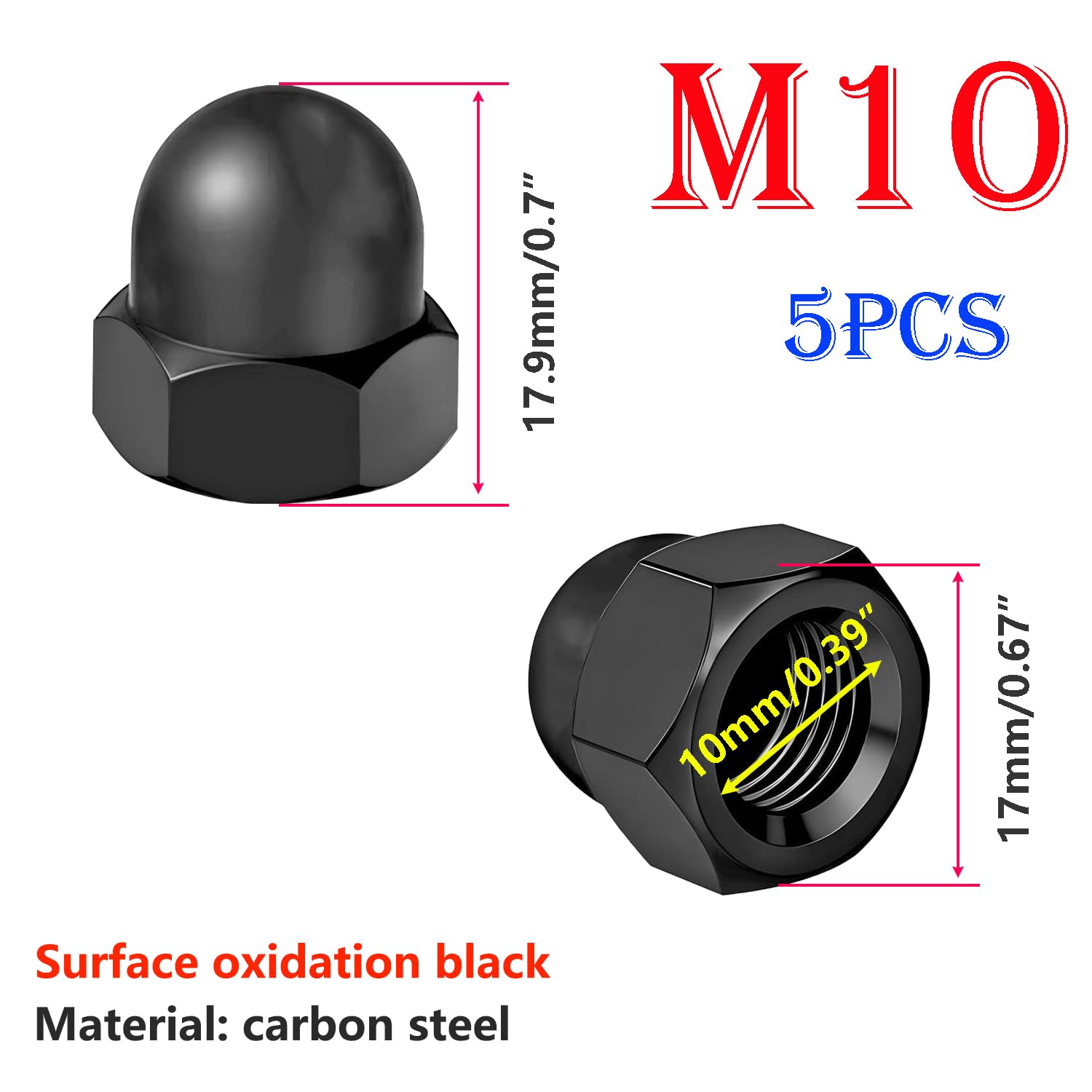 Qrity 5 Pcs Acorn Cap Nuts, M10 Black Carbon Steel Dome Nuts, Decorative Hex Cap for Protecting Screws and Bolts - Image 2