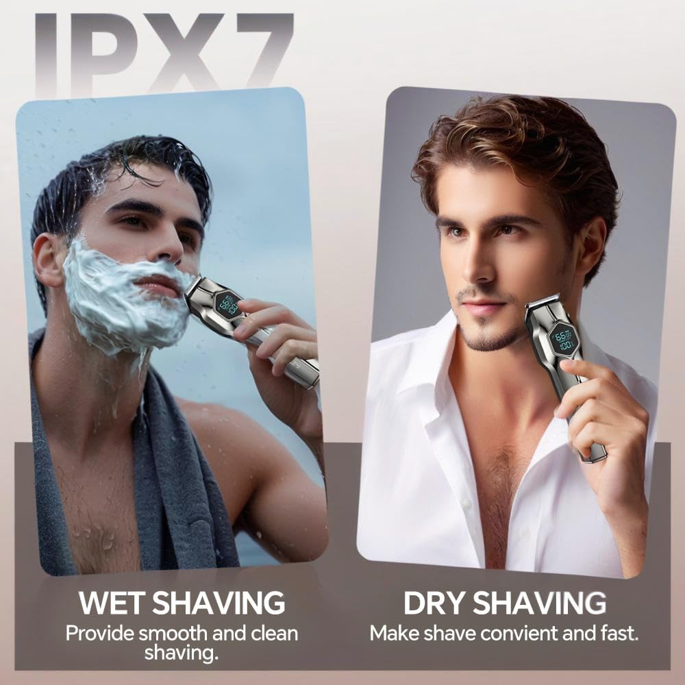 GERTZY 5-in-1 Electric Beard Trimmer Magnetic Replacement Heads, Professional Cordless Hair Clippers for Men Rechargeable, IPX7 Waterproof Grooming Kit for Mustache, Body, Nose, Gifts for Men (Silver)