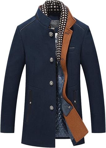 PRIJOUHE Mens Wool Coat Winter Coat Slim Medium Long Coats Overcoat Male