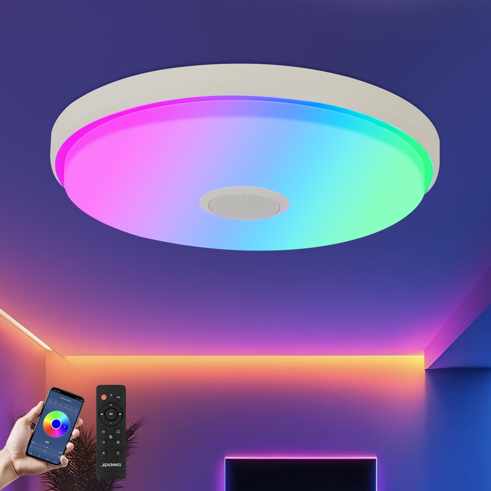 JDONG LED Deckenleuchte Dimmbar 24W mit Bluetooth Lautsprecher Rund led Deckenlampe mit Fernbedienung und APP RGB Farbwechsel 3000-6500K Einstellbar für Schlafzimmer Wohnzimmer Ø30cm