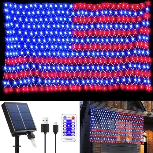 Solar American Flag Lights, 420 LED Waterproof American Flag Net Lights Independence Day Decorations 8 Modes Outdoor String Light for 4th of July Independence Day, Garden, Yard Home Decorations by MINIAO - Used condition - US$28.12