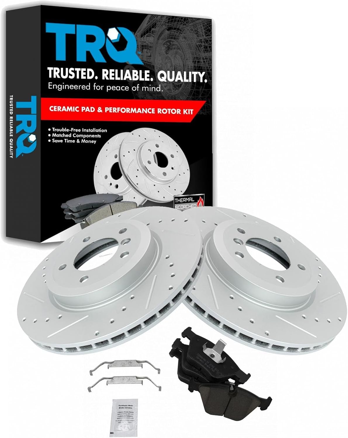 TRQ Front Brake Pad and Rotor Set Ceramic Coated Drilled Slotted Vented Rotors Compatible with 2001-2006 BMW 330Ci 2001-2005 330i 330xi 2006-2008 Z4