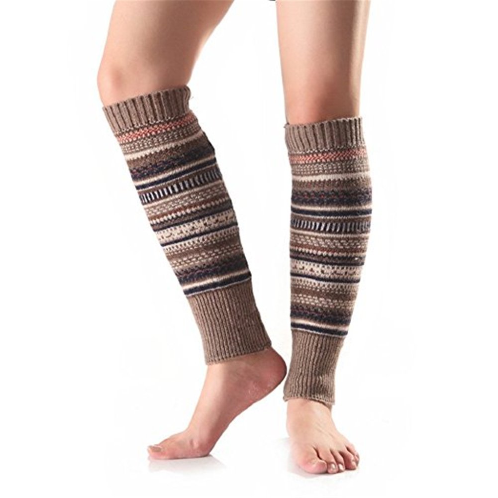 Greenlans Women Striped Ethnic Knitting Wool Footless Leg Warmers Knee High Boot Socks Khaki