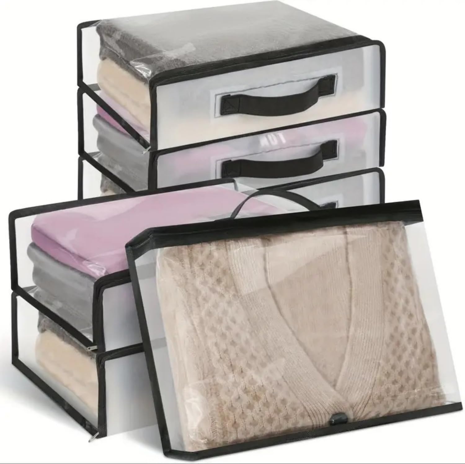 6Packs Storage Organizer Bags for Clothes, Clear Zippered Storage Bags for Sweater Blanket Bed Sheet Storage, Plastic Storage Bags with Zipper for Closet Linen Sweater Blanket (Black)