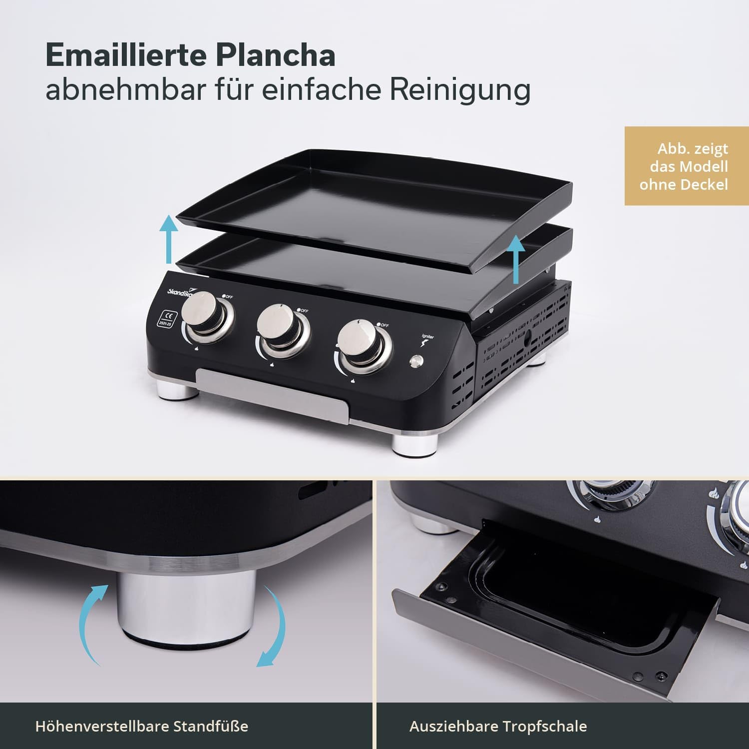 Skandika Plancha Grill Palo 3-Brenner Plus| Gasplancha Grillplatte mit Deckel, 3 Brenner, transportabler Gasgrill mit Kochplatte | Outdoor, Camping, Balkongrill, Tischgrill, Grillplancha, Gasbräter